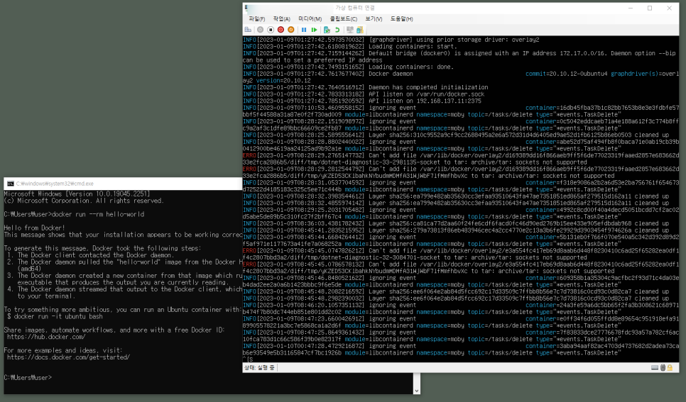 wsl2를 활용한 windows에서의 docker 실제 구축 화면